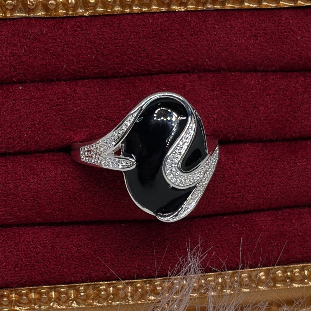 925 Sterling Silver Black Enamel Statement Ring | Pave Accent Cocktail Ring